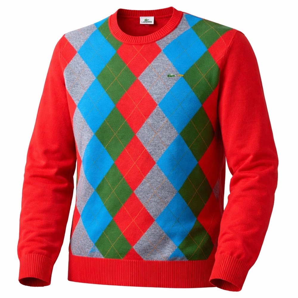 Lacoste Lambswool Argyle Knit Sweater Y2K Sz L Preppy Grandpa Orange Red Multi